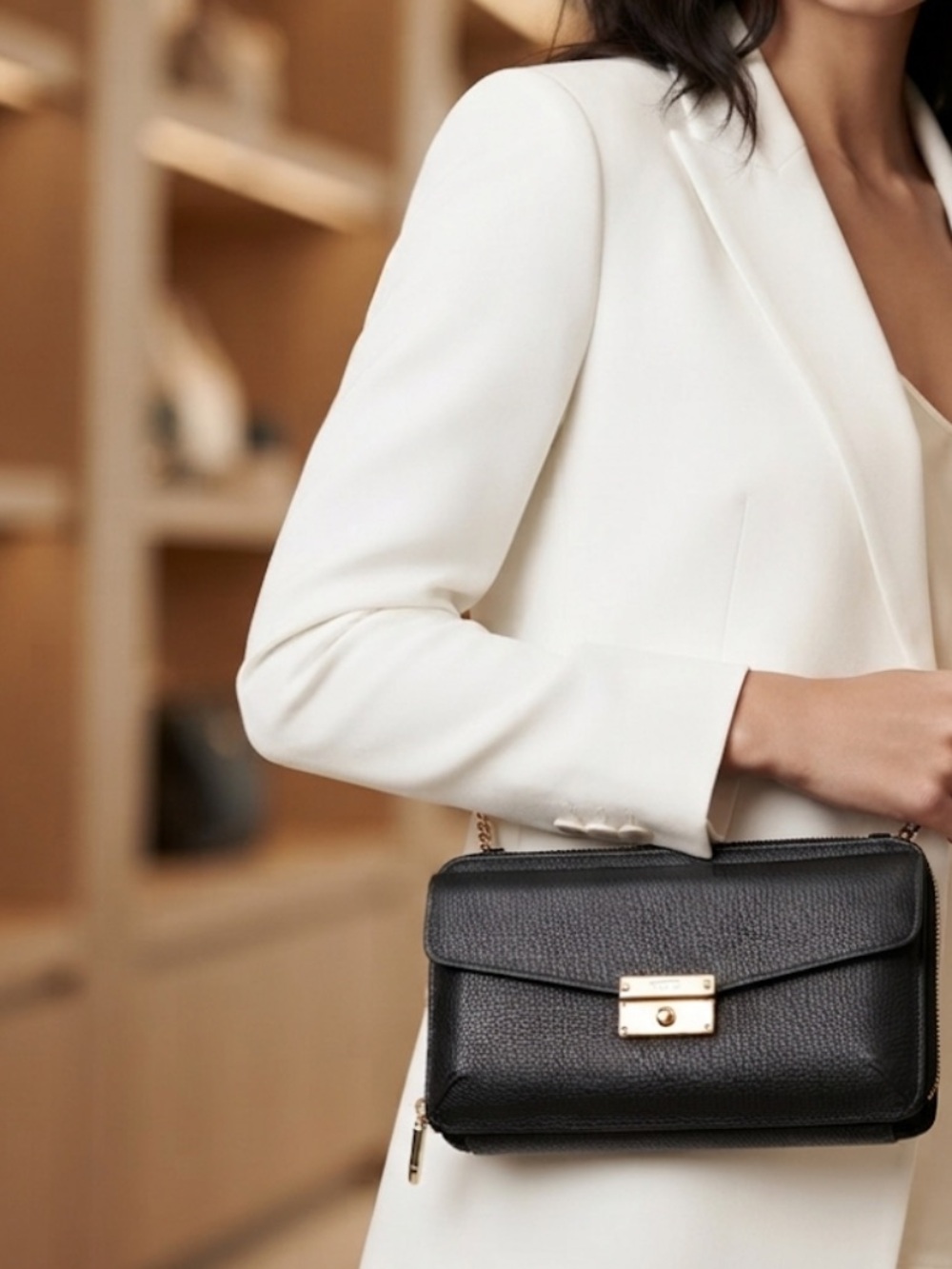 TUMI Black Leather Crossbody Wallet Bag with Gold-Tone Lock